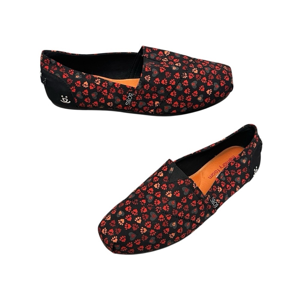 BOBS by Skechers Red Black Canvas Slip On Comfort Flats Puppy Dog Paws size 9